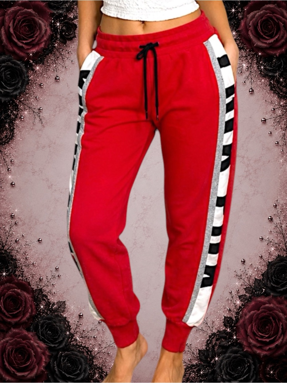 Preowned PINK Victoria’s Secret Red Logo Side Stripe Jogger Sweatpants Size Smal